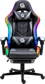 RESIGILAT- Scaun gaming, sistem iluminare bandă LED RGB, masaj în perna lombară, suport picioare, Negru/Gri