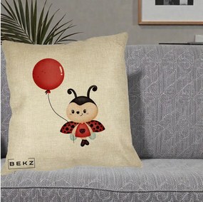 Perna Decorativa Buburuza cu Balon Rosu, 40x40 cm, Crem, Husa Detasabila, Perna Inclusa, BEKZ®