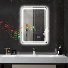 HOMCOM Oglindă de Baie Bluetooth LED 50 x 70 cm cu Anticeață - Argintiu | Aosom Romania