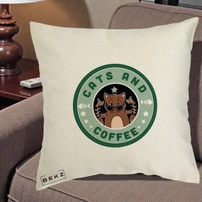 Perna Personalizata Cats and Coffee Starbucks, 40x40 cm, Ecru, Husa Detasabila, Perna Inclusa, BEKZ®