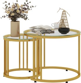 HOMCOM Set de 2 mese laterale înglobabile rotunde 60/40 cm blat sticlă temperată și picior din oțel carbon design modern aurit | Aosom Romania