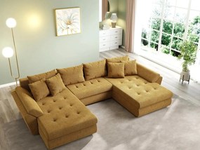 Colțar extensibil dumonde cu ladă de depozitare si sezut confortabil din spuma high-density, Loana U Zoom Mustar 355x185 cm