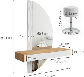 Masuta machiaj cu Oglinda LED si 2 Sertare pentru Cosmetice, Set Masa toaleta 120 cm, Alb, masuta vanity cu Riflaj, cosmetica - SEM236