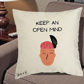 Perna Decorativa Keep An Open Mind, 40x40 cm, Ecru, Husa Detasabila, Perna Inclusa, BEKZ®
