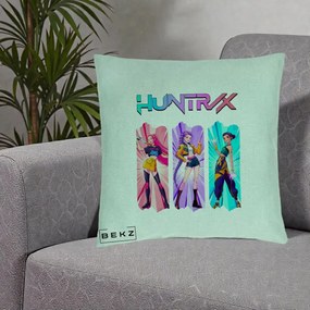 Perna Personalizata K-pop HUNTRX Trio cu Pisica in Benzi, 40x40 cm, Verde Menta, Husa Detasabila, Perna Inclusa, BEKZ®