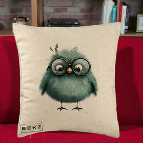 Perna Decorativa Pui Teal cu Ochelari Rotunzi, 40x40 cm, Bej, Husa Detasabila, Perna Inclusa, BEKZ®