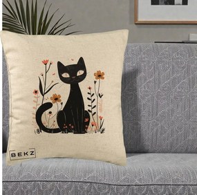 Perna Decorativa Pisica Neagra Flori Pastel Folk, 40x40 cm, Bej, Husa Detasabila, Perna Inclusa, BEKZ®