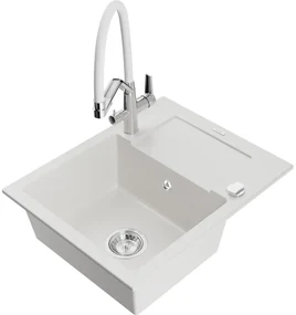 Mexen Enzo chiuvetă de granit cu un compartiment, cu picurător și baterie de bucătărie Duo, Albă - 6506-20-671701-02