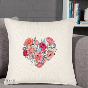 Perna Decorativa Inima din Bujori Acuarela, 40x40 cm, Crem Reliefat, Husa Detasabila, Perna Inclusa, BEKZ®