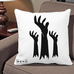 Perna Decorativa Halloween Maini Zombie Alb-Negru, 40x40 cm, Alba Mata, Husa Detasabila, Perna Inclusa, BEKZ®