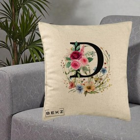 Cadou Personalizat - Perna Personalizata Monogram Litera D cu Flori Acuarela, 40x40 cm, Bej, Husa Detasabila, Perna Inclusa, BEKZ®