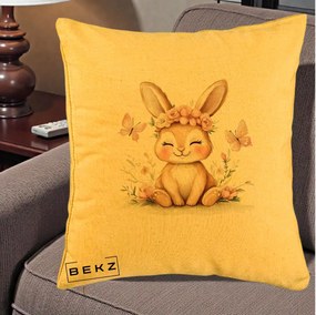 Perna Decorativa Iepuras cu Coronita Florala Roz, 40x40 cm, Galben, Husa Detasabila, Perna Inclusa, BEKZ®
