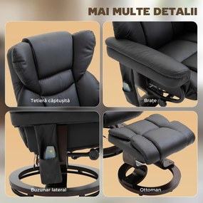 HOMCOM Scaun cu Puf Suport pentru Picioare și Funcție de Masaj, Reclinabil la 145° și Rotativ la 360°, Negru | Aosom Romania