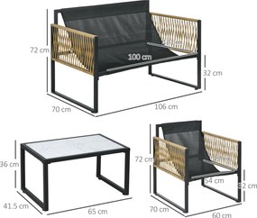 Outsunny Set mobilier grădină 4 piese canapea 2 locuri 2 fotolii și 1 măsuță blat din sticlă securizată 3 perne - cremă | Aosom Romania