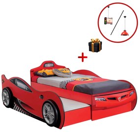 Pat masinuta pentru copii Race Cup Red (190x90 cm) cu pat suplimentar (90x180 cm) + Lustra CADOU