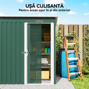 Outsunny Magazie de Grădină pentru Scule din Oțel Galvanizat cu Acoperiș Înclinat și Ușă Culisantă, 163x89x182 cm, Verde | Aosom Romania