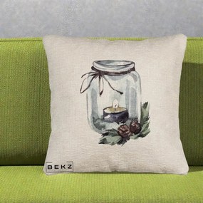 Perna Decorativa Felinar cu Lumanare si Conuri, 40x40 cm, Bej Canapea, Husa Detasabila, Perna Inclusa, BEKZ®