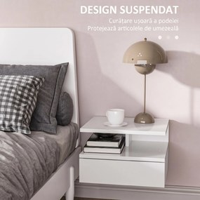 HOMCOM Set de 2 Noptiere Suspendate cu Raft Superior, Design Modern, Lemn, Alb Lucios, 35x32x22.5cm | Aosom Romania