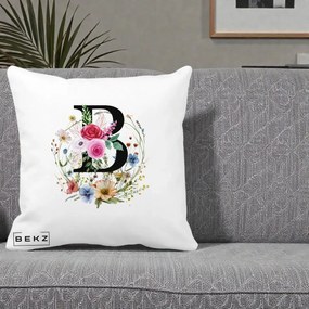 Cadou Personalizat - Perna Personalizata Monogram Litera B cu Flori Acuarela, 40x40 cm, Alba Mata, Husa Detasabila, Perna Inclusa, BEKZ®