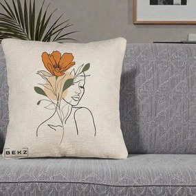 Perna Decorativa Portret Feminin Floare Portocalie, 40x40 cm, Bej Canapea, Husa Detasabila, Perna Inclusa, BEKZ®