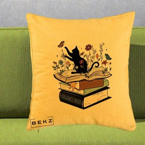 Perna Personalizata Pisica Neagra Carti Flori Fluturi, 40x40 cm, Galben, Husa Detasabila, Perna Inclusa, BEKZ®