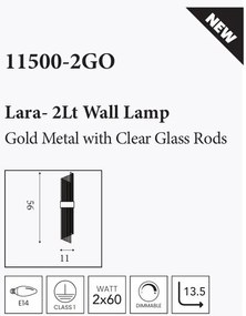 Aplica de perete metal auriu, tije din sticla Lara