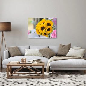 Tablou pe sticlă cu buchetul miresii de floarea soarelui (70x50 cm)