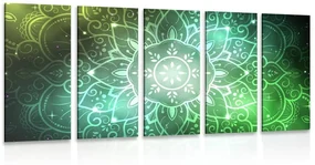 Tablou 5-piese Mandala cu un fundal galactic în nuanțe de verde