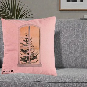 Perna Decorativa Fereastra cu Brad de Iarna, 40x40 cm, Roz, Husa Detasabila, Perna Inclusa, BEKZ®