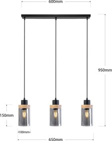 Lustră suspendată pe cablu WOODNEST 3xE27/15W/230V pin/negru fumuriu
