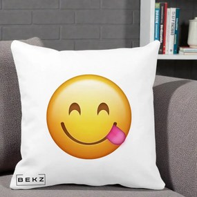Perna Decorativa Emoji Limba Scoasa, 40x40 cm, Alba Mata, Husa Detasabila, Perna Inclusa, BEKZ®