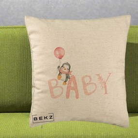 Perna Personalizata Baby Pinguin Roz, 40x40 cm, Bej, Husa Detasabila, Perna Inclusa, BEKZ®