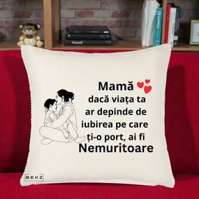 Cadou pentru Mama - Perna Personalizata Mama Nemuritoare Kawaii, 40x40 cm, Crem Reliefat, Husa Detasabila, Perna Inclusa, BEKZ®