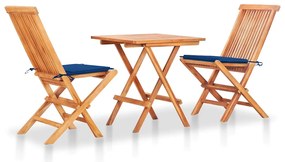 vidaXL Set bistro cu perne albastru regal, 3 piese, lemn masiv de tec