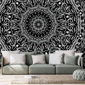 Tapet Mandala în stil vintage în alb-negru