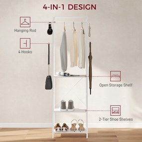 HOMCOM Cuiere de Intrare cu Suport pentru Încălțăminte, Bară pentru Haine, 4 Cârlige, Raft Superior și 2 Rafturi pentru Încălțăminte, 52x30x180 cm, Alb | Aosom Romania