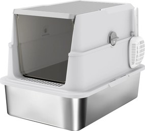 PawHut Extra Large din Oțel Inoxidabil, Litieră pentru Pisici cu Lopățică, Capac Rabatabil | Aosom Romania