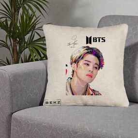Perna Personalizata K-pop BTS Jimin Portret Artistic Multicolor cu Autograf, 40x40 cm, Bej Canapea, Husa Detasabila, Perna Inclusa, BEKZ®
