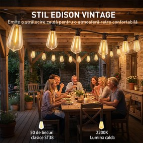 HOMCOM Lanț de Lumină, Lumini LED 50, 18 m, IP44 Impermeabile, Decorațiuni pentru Interior și Exterior, Grădină, Alb Cald | Aosom Romania