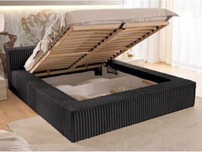Pat matrimonial negru tapițat cu spațiu de depozitare cu somieră 140x200 cm Cloe – Ropez