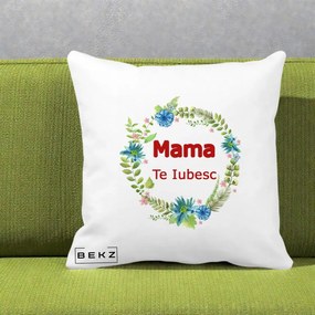 Cadou pentru Mama - Perna Personalizata Mama Te Iubesc Flori Albastre, 40x40 cm, Alba Mata, Husa Detasabila, Perna Inclusa, BEKZ®