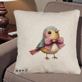 Perna Decorativa Pasare Bleu cu Fundita Roz, 40x40 cm, Bej Canapea, Husa Detasabila, Perna Inclusa, BEKZ®