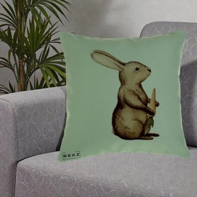 Perna Decorativa Iepuras Acuarela cu Morcov, 40x40 cm, Verde, Husa Detasabila, Perna Inclusa, BEKZ®