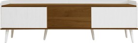 Comodă TV cu 3 uși, picioare din lemn și margine înaltă, 160x39x49,5 cm, Culoare naturală+Alb