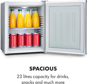 Klarstein Happy Hour 23, minibar, 23 l, 5 - 15 °C, clasa energetică G, silențios, 23 dB, lumină LED, argintiu