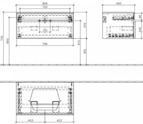 Dulap baza suspendat cu blat sticla, Memento Villeroy&amp;Boch, lavoar stanga, 80.6x46x37cm, alb/gri, C779L0MT