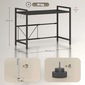 HOMCOM Suport extensibil pentru cuptor cu microunde pe 2 niveluri cu 3 cârlige, din metal, negru | Aosom Romania