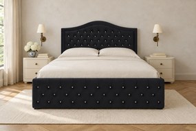 Pat tapițat Chesterfield din catifea Solaria Deluxe Cristal 180×200 cm, negru, cu ladă de depozitare