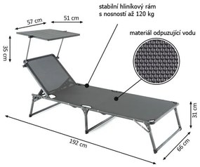 Șezlong pliant DIVERO cu acoperiș XXL, negru