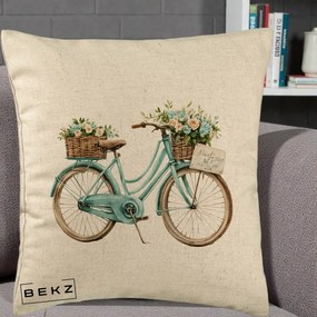 Perna Decorativa Bicicleta Teal cu Cosuri Duble de Flori Vintage, 40x40 cm, Bej, Husa Detasabila, Perna Inclusa, BEKZ®